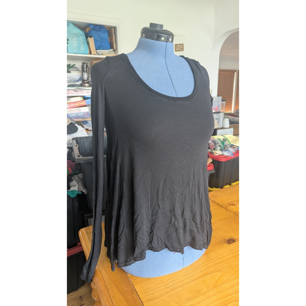 Free People‎ Black Ribbed Knit Long Sleeve Scoop Neck High Low Tunic Top Size M
